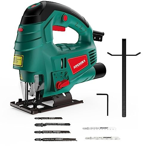 HYCHIKA Jigsaw, 800W Max Cutting Depth 110mm for Wood, 800-3000SPM Electric Jigsaw with Laser, 7 Variable Speeds, 0-3 Orbital Sets, Bevel Cutting: -45 ° to 45, 6 Blades