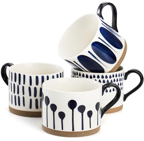 SOUJOY Set of 4 Large Ceramic Coffee Mugs, 15 Oz Hand Painted Coffee Cups with Handles, Vintage Glazed Porcelain Soup Mugs for Tea, Hot or Cold Drinks, Best Gifts for Birthday, Thanksgiving, Christmas