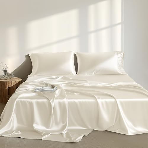 Madison Park Essentials Satinlakanset helt helt helt lyxigt och silkeslent med naturlig glans, premium 40 cm djup ficka, elastisk runtom – sängkläder året runt, drottning, elfenben, 6 delar