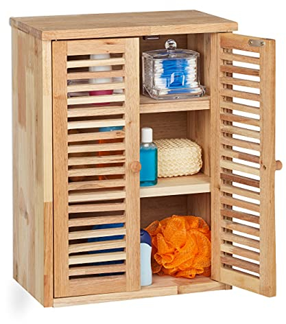 Relaxdays Hängeschrank, Walnuss, HxBxT: 46,5 x 35 x 21 cm, Lamellentüren, 3 Fächer, Wandschrank Badezimmer, Küche, Natur