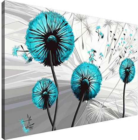 Estika Leinwand bilder - Pusteblume Türkis - 90x60 cm, 1 teilige kunstdruck - Wandbilder wohnzimmer, schlafzimmer, Moderne wanddeko, Bild auf leinwand - Abstrakt blumen bilder - 5031A_1L
