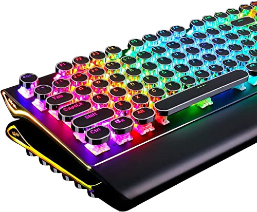 RK ROYAL KLUDGE Teclado mecánico para juegos estilo máquina de escribir con reposamuñecas plegable retroiluminado RGB real, 108 teclas (interruptor rojo, negro)