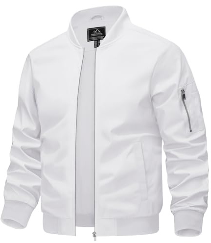 KEFITEVD Giacca bomber da uomo leggera e sottile, con tasca sulla manica, giacca blouson, giacca per le mezze stagioni, colletto alto, giacca da aviatore americano con tasca interna, bianco, XXL