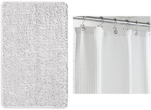 Gorilla Grip Chenille Bath and Waffle Shower Curtain, Bathroom Size 60x17, Machine Washable, Waffle Shower Curtain Size 72x72, Thick Weighted Fabric, Both in White, 2 Item Bundle