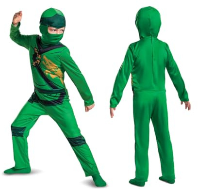 LEGO Ninjago - Dräkt Lloyd Grön för Barn - Storlek 7/8 År - Officiell Licens - Overall + Mask - Mjukt Tyg - Detaljerade Tryck - Utklädnad för Fest, Födelsedag, Halloween