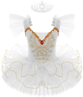 ranrann Barn flicka Tutu ballerina klassisk dans tyll balettklänning Justaubody gym paljett klänning dansdräkt prestanda 4-12 år, Typ H vit, 7-8 �r