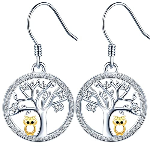 925 Silber Baum des Lebens Eule Haken Ohrringe Österreichische Zirkonia - Schmuck für Frauen und Mädchen - Hängeohrringe Ideal für Geschenke für Frauen Geschenk für Mutter-Frau-Tochter