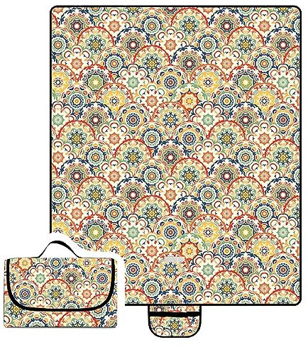 Picknickdecke 200x300cm,XXL Picknickdecke mit Wasserdichter Unterseite,Outdoor Stranddecke Sandfrei,mit Tragegriff Faltbare Picnic Blanket für Camping,Strand,Park,Familie,Konzerte Buntes Mandala Blume