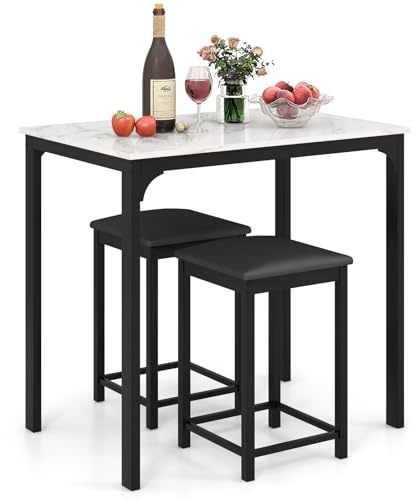COSTWAY 3-delat matbordsset, barbord set med 2 barstolar, matgrupp med vadderade stolar, köksbord, ståbord med metallram för matsal vardagsrum, 90 x 60 x 82 cm (vit), HW66121DE
