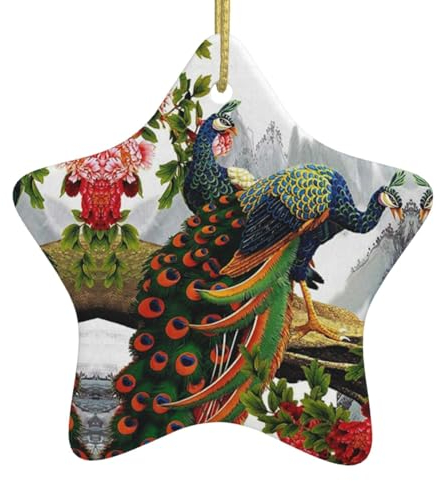 Weihnachtsbaum Keramik Hängende Sternform Ornamente Pfau Pfauenpfingstrose Tinte Zeichnung Gedruckt Weihnachtsschmuck mit Goldband Keramik Hängende Handwerk für Xmas Urlaub Party Dekorationen