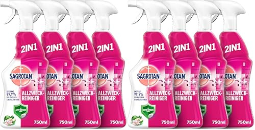 Sagrotan Allzweck-Reiniger Blütenfrische & Grüner Apfel – 2in1 Desinfektionsreiniger für die zuverlässige Reinigung von Oberflächen – 4 x 750 ml Sprühflasche (Packung mit 2)