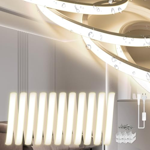 SUCIKORIO Neon LED Streifen 10m, Silikon Wasserdicht Feuerfest IP65 Led Strip Warmweiss 3000K 10mm Led Lichterkette Außen 230V Flexibler DIY Lichtband Aussenbereich mit Netzteil für Beleuchtung