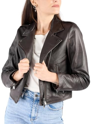 BARONE giubbotto pelle donna, giubbotto primaverile in vera pelle, giacca di pelle donna Made in Italy giacca moto CHIODO BIS (IT, Testo, XS, Regular, Regular, marrone)