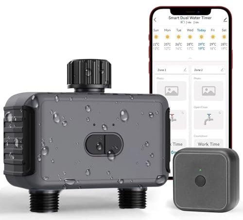 Intelligente Bewässerungs-Zeitschaltuhr, WiFi, 2 Wege, automatischer Bewässerungstimer, mit 20 Plänen & Regenverzögerung, programmierbarer Bewässerungstimer und Fernbewässerung, für Garten