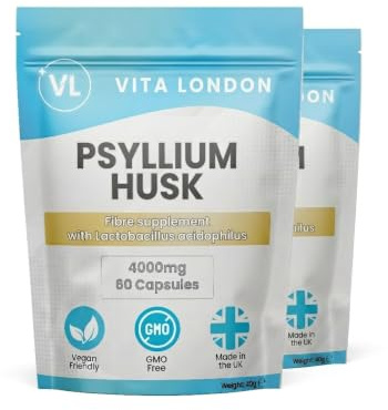 Vita London Psyllium Husk Capsules 4000mg Fibre Supplement, 120 Capsules | High strength fibre supplement, contains Lactobacillus Acidophilus, supports digestive health & gut microbiome, Made in UK