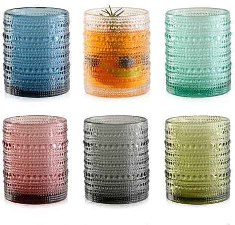 KMIGRUAN Colored Hobnail Drinking Glasses Set of 6,12oz Vintage Kitchen Glassware,Embossed Beaded Glass Cups,Water Tumbler for Cocktail,Juice and Various Mixed Drinks