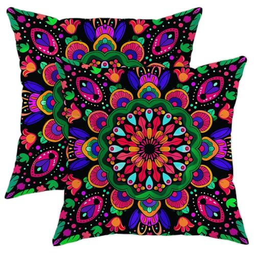 Hippy Mandala Pillow Covers Set of 2, Colorful Bohemian Floral Cushion Case, Spring Decorative Square Art Decor for Home Sofa Bed Couch 16x16 Inch