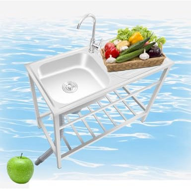 AutmDizyne Edelstahl Spültisch Waschbecken 75 83 cm Freistehend Küchenspüle Wetterfest Außenbereich Spülbecken mit Wasserhahn für Outdoor Garten oder Schuppen Wohnung Leicht zu Reinigen