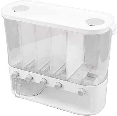 GRCFUMO Caja dispensadora de 5 rejillas, dispensador de alimentos secos montado en la pared con taza, contenedor de almacenamiento separado para alimentos secos y cereales de