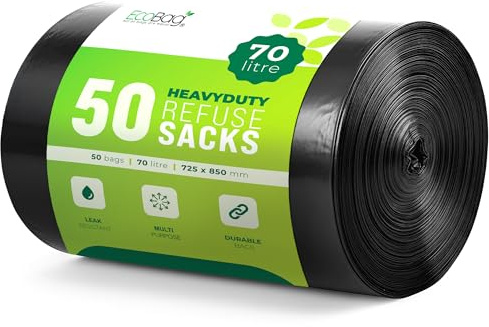 EcoBag - 50 Pack Strong Heavy Duty Refuse Sacks - Recyclable Bin Bags, Leak Resistant, Eco-Friendly, Durable Waste Disposal Bags For Large Kitchen Bins, Pedal Bins, Household, 33 Micron (Μm) /70l