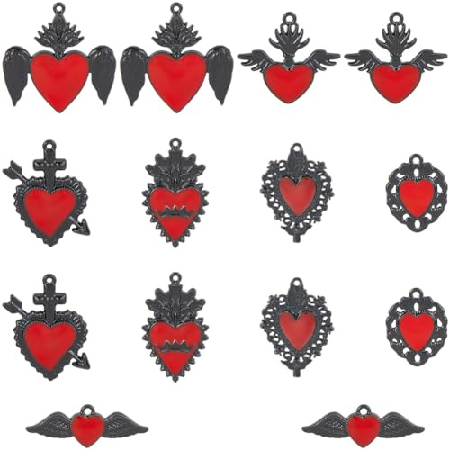 SUNNYCLUE 1 Box 14 Stück 7 Stile Gothic Liebesanhänger Halloween Herzanhänger Vintage Legierung Emaille Rot Schwarz Horror Flügel Pfeil Herzen Anhänger Für Die Schmuckherstellung Zubehör Halsketten Oh