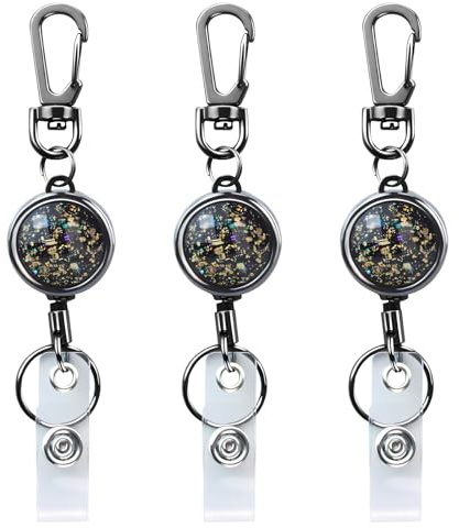 bolimoss Lot de 3 enrouleurs de badges rétractables avec porte-clés et mousqueton pour ceinture, porte-clés rétractable en métal pailleté pour cartes d'identité, infirmière, enseignant, étudiants