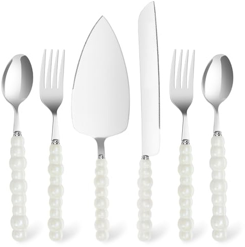 MENIBBLER 6 Pcs Wedding Cake Knife and Server Set with White Pearl Handle, 304 Stainless Steel Cake Cutting Set for Wedding Bridal Shower Engagement Party