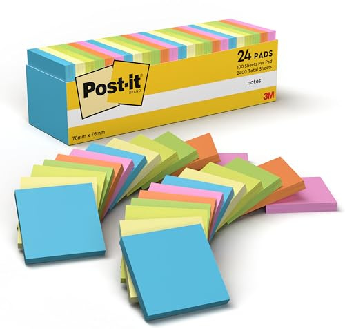 Post-it Notes, Assorted Colours, 24 Pads, 100 Sheets per Pad, 76 mm x 76 mm - Self-Stick Notes for Note Taking, to Do Lists & Reminders, School and Office Supplies