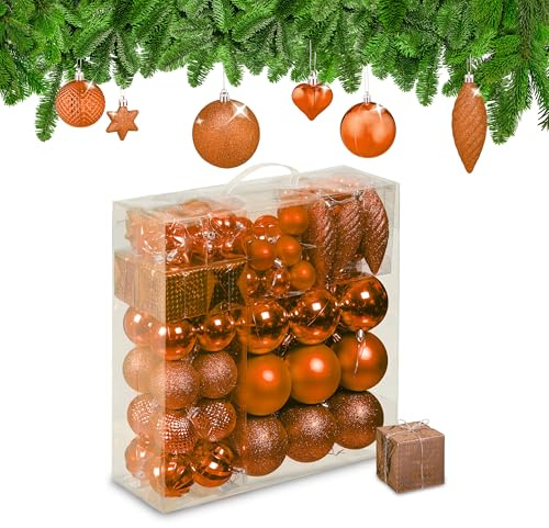 Relaxdays Weihnachtskugeln 110er Set, Kunststoff, Weihnachtsbaumdeko mit Kugeln & Lametta, Christbaumschmuck, orange
