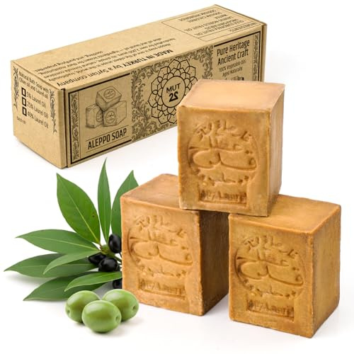 MUT22 3 Jabón de Alepo 60% Oliva y 40% Laurel - Para Piel Grasa o con Imperfecciones - Limpieza Purificante Profunda Natural y Artesanal