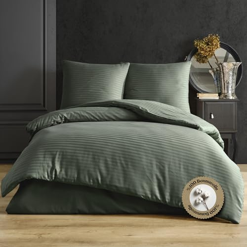 nordqueen Satin gestreift Bettwäsche,100% Baumwolle Bettbezug aus Atmungsaktive Winter Bettwäsche Set (Green, 135X200 cm)