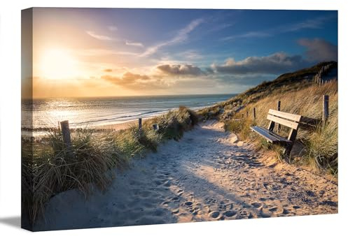 Visario Leinwandbild Strandweg Dünen Meer 120x80 cm 5069 - Kunstdruck auf Leinwand mit Holzrahmen gespannt fertig zum Aufhängen - Wandbild Strand Natur Wanddeko Wohnzimmer Schlafzimmer Büro Flur 5069