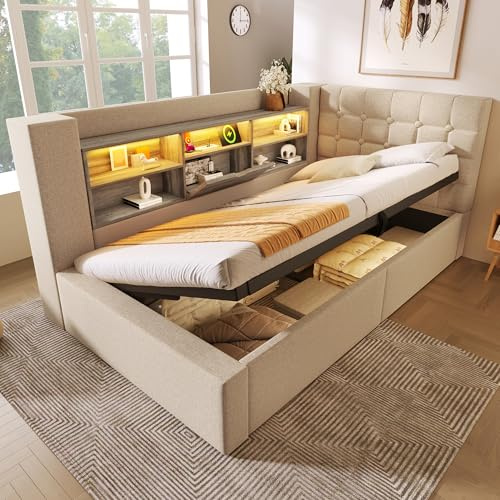 Gxffipw Bett 90x200 cm Polsterbett Tagesbett mit LED Licht und USB, Hydraulisches Schlafsofa Bett mit Stauraum und Ablagefach, Einzelbett Bettgestell mit Lattenrost, Leinen, Beige, Ohne Matratze | LED Licht