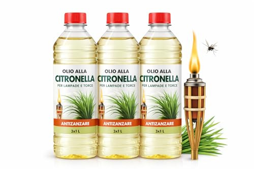 Olio alla Citronella per Lampade e Torce – 3 x 1 Litro – Olio Profumato Antizanzare – Bassa Fumosità – Ideale per Giardino, Terrazzo e Campeggio – LEMAG SRL
