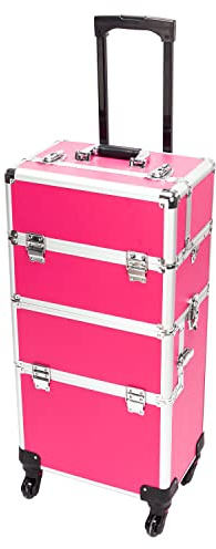 mefeir 3 in 1 Rolling Makeup Train Case, Aluminum Makeup Travel Organizer Cosmetic Case, Cosmetology Display Suitcase on Wheels, Beauty Storage Luggage Lockable w/4 Removable Wheels (Rose-Pink)