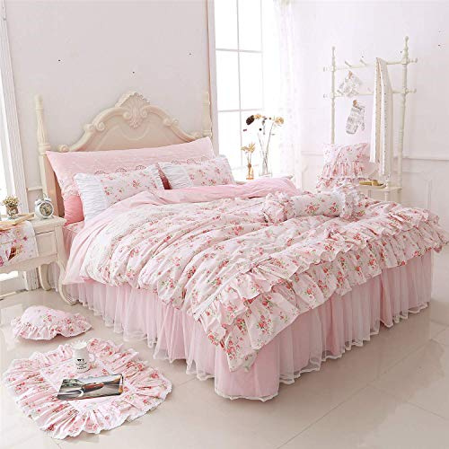 LELVA Romantico rose stampa set copripiumino con gonna letto rosa pizzo volant floreale shabby chic set di biancheria da letto Queen 4 pezzi