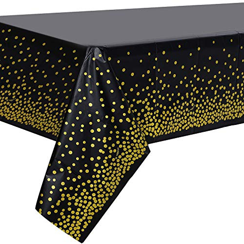 Duocute 2PCS Nappe de Table de Fête Noir et Or Jetable pour Table Rectangulaire, Couverture de Table Confettis de Point d'or pour Obtention du Diplôme, Anniversaire, Cocktail, 137 cm x 274 cm