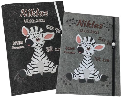 U Heft Hülle und Impfpass aus Filz - Personalisiert mit Namen - Untersuchungsheft Schutzhülle - Babygeschenke zur Geburt - Kinderuntersuchungsheft Mädchen und Junge - Zebra