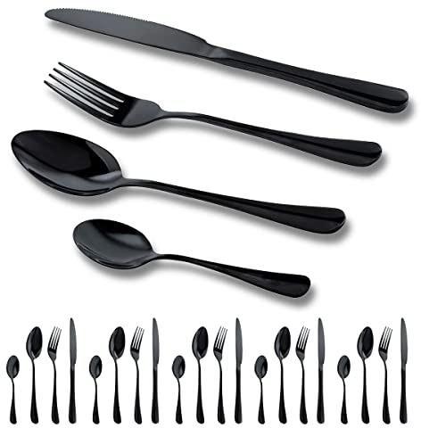 Service de table en acier inoxydable 18/0 pour 6 personnes, miroir noir, 24 pièces, y compris couteau de table, dîner et fourchettes à dessert, soupe et cuillères à dessert, passe au lave-vaisselle.