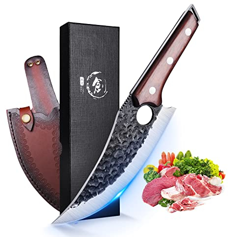 SMITH CHU handgeschmiedetes Ausbeinmesser mit Lederscheide Professionelles Kochmesser Küchenmesser Tragbares Campingmesser Kohlenstoffreisches Metzgermesser Full Tang mehrzweck bbq Zuhause Outdoor
