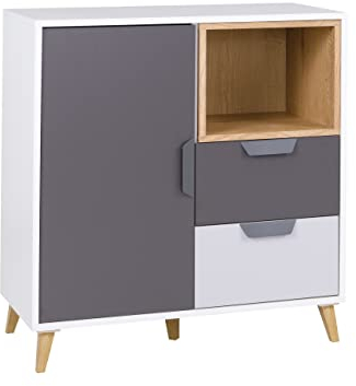 Kommode Nawiro NR09 mit Tür, 2 Schubladen und Fächer, Schrank für Jugendzimmer, Highboard, Sideboard, Kinder Kommode (Weiß/Graphit + Grau + Eiche Lefkas)