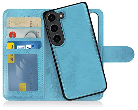 MyGadget Flip-fodral till Samsung Galaxy S23 - [avtagbart magnetfodral] - mobilfodral av konstläder - [flipfodral med kortplats] skyddsfodral i ljusblått