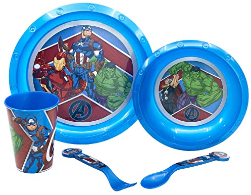 SET DI STOVIGLIE PER BAMBINI DA 5 PEZZI. PIATTO, CIOTOLA, BICCHIERE DA 260 ML E POSATE. SENZA BPA | AVENGERS HERALDIC ARMY
