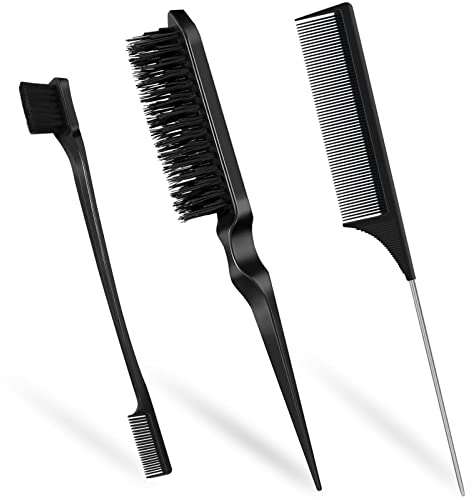 Qufiiry 3Pcs Slick Back Hair Brush Set, Double-Sided Edge Brush, Hard Bristle Brush and Rat Tail Hair Comb, Teasing Hair Edge Brushing, Slicking Hair for Women Men Kids