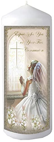 Pillar Candle First Holy Communion in Organza Bag Keepsake Gift 48 hrs Burn Time - Girl 5215