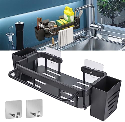 Spülbecken Organizer: Edelstahl Schwammhalter Küche Spülbecken Organizer Hängend mit 2 Klebstoff, Spüle Organizer Küchen Organizer mit Stäbchenhaltern, Handtuchhalter und Haken, Schwarz