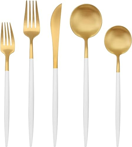 Juego de cubiertos dorados mate con mango blanco, juego de cubiertos de acero inoxidable de 5 piezas, juego de utensilios de cocina para 1, juego de cubiertos para el hogar y restaurante