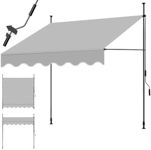 tectake Store banne sans Perçage Auvent Marquise Retractable avec Manivelle Multi-Fonction Store latéral Enroulable Brise Vue Brise Soleil Opaque en Aluminium - Gris Clair, 200 x 180 cm
