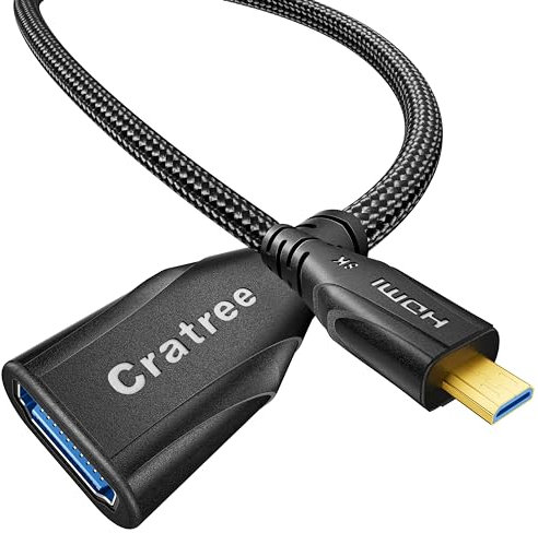 Cratree Micro HDMI vers HDMI Adaptateur, 8K 60hz 4K 120hz Micro HDMI Mâle vers HDMI Femelle Supporte HDR eARC Compatible avec GoPro Hero 7 6 5 4,Raspberry Pi 4,Sony Camera,Nikon 50CM