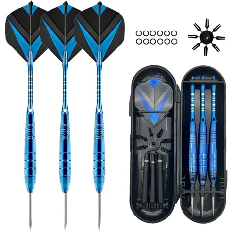 Apexyz Set med stålspetspilar, 3-pack professionella 24 g pil med dartfodral, 3 pilflygningar, 3 extra plastaxlar, gummiringar, pilflygklämmor (blå)